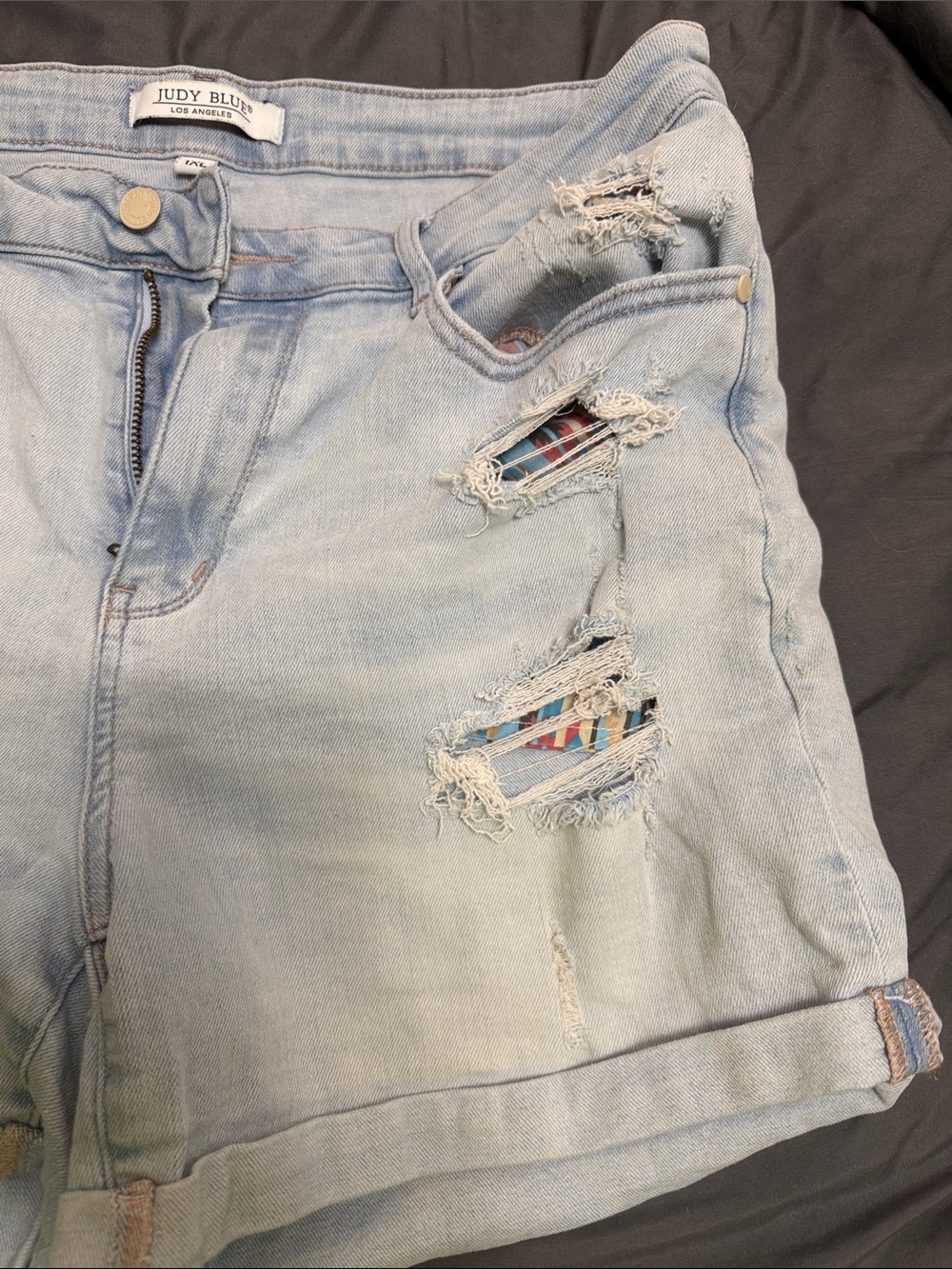 Judy Blue Light Wash Distressed Denim Shorts with Patch Detail - Picture 2 of 4